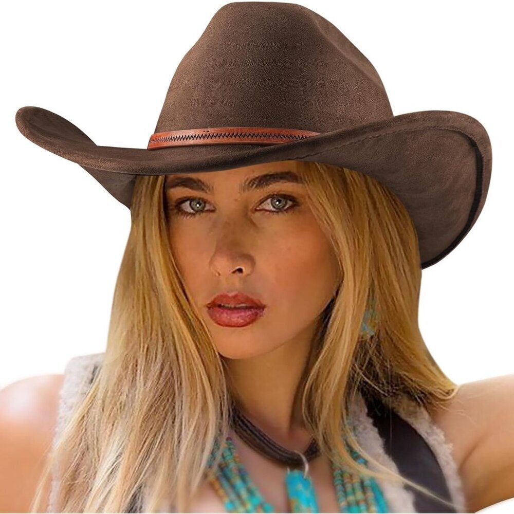 Women's Coffee Western Faux Leather Band Buckle Classic Fedora Cowboy Felt Hat